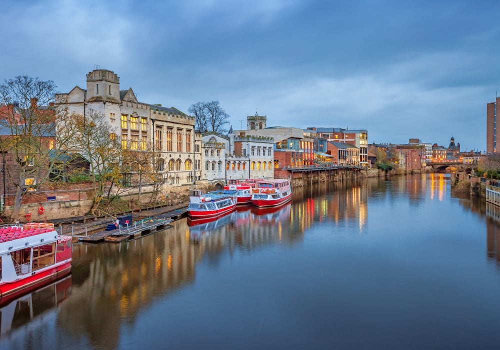 Downtown York and River Ouse with the Guildhall on the left side in England, UK