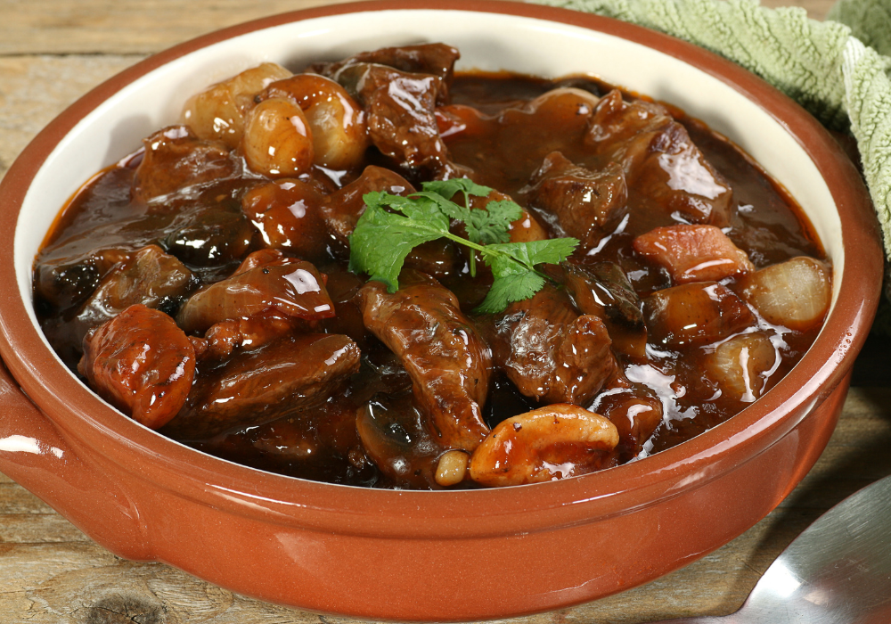 Boeuf bourguignon French food is beef cooked in a red wine sauce