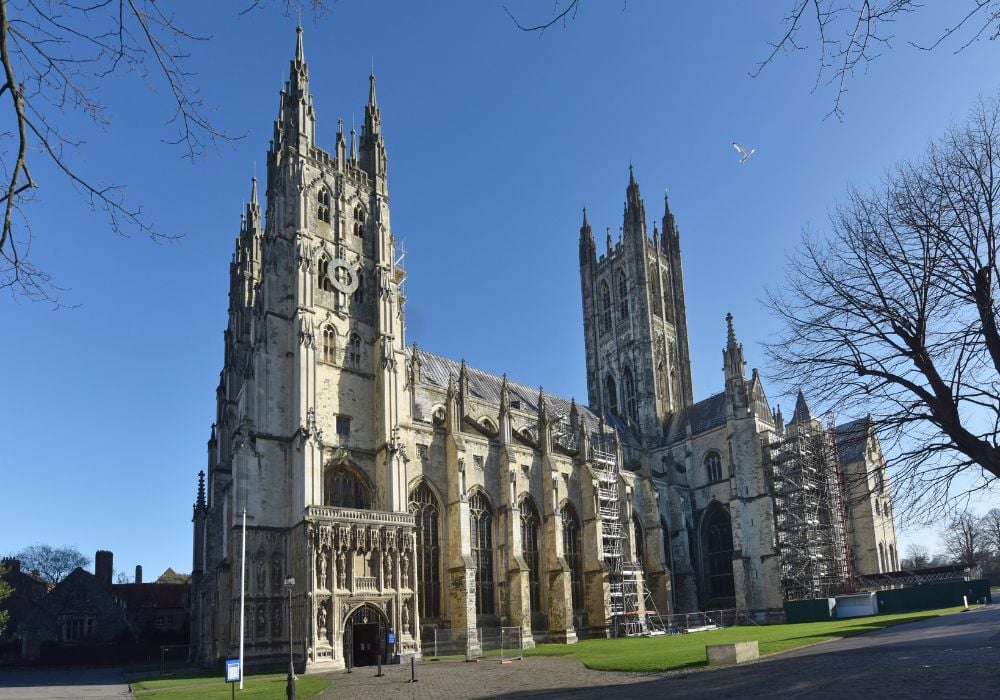 A brilliant blue sky and the lovely Canterbury Cathedral in England.