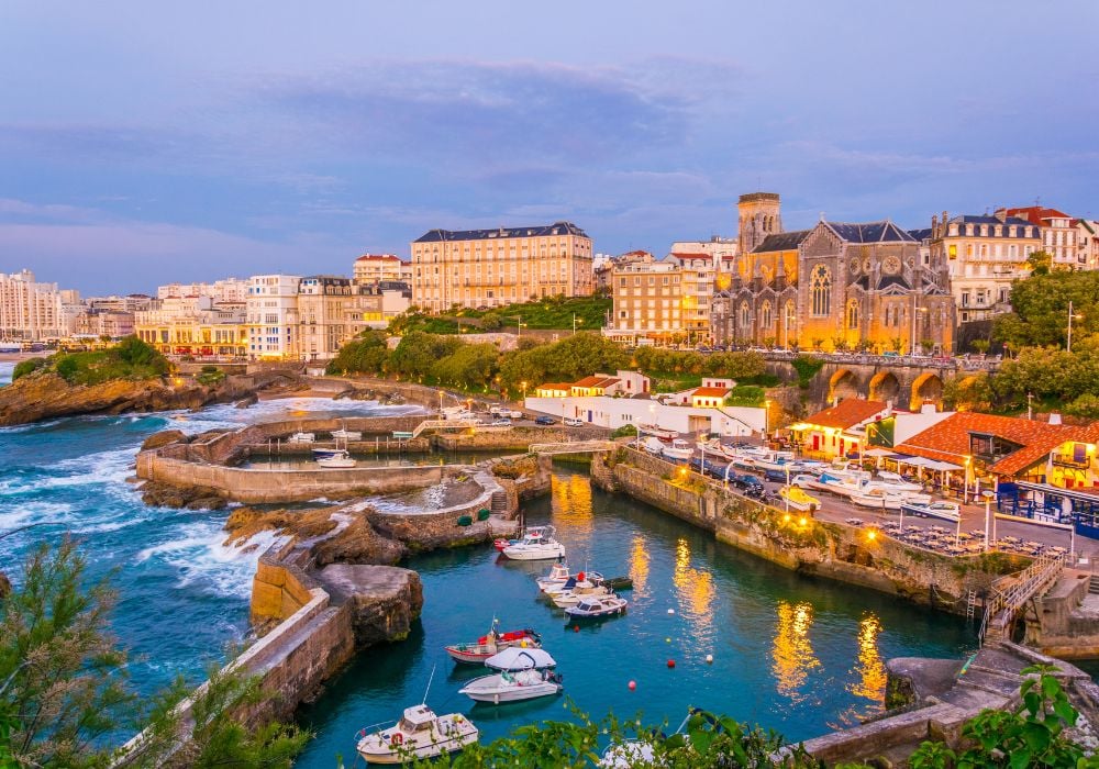 Sunset view of marina in Biarritz, France